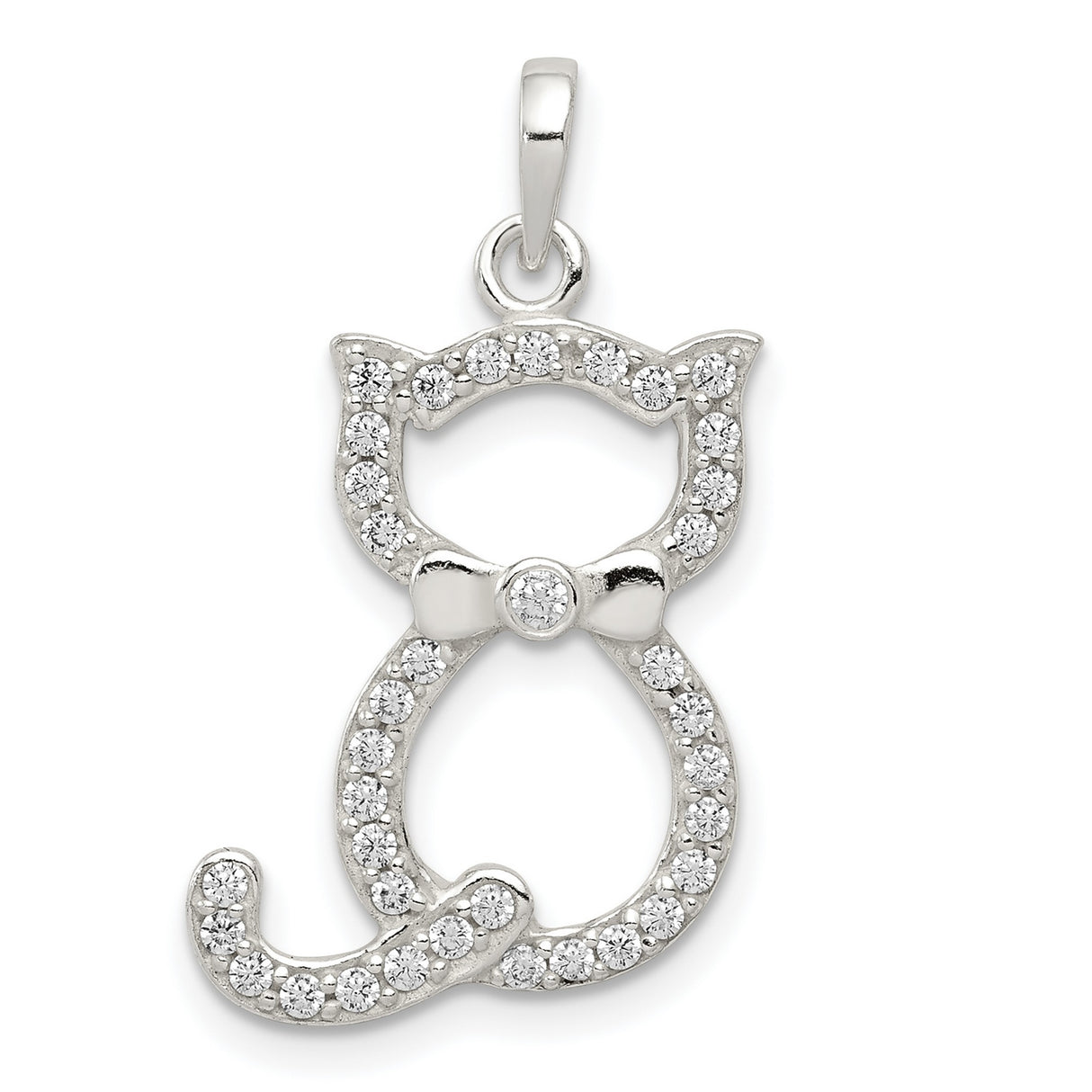 Polished CZ Cat Charm Pendant in Real 925 Sterling Silver