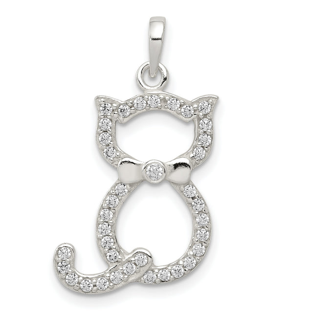 Polished CZ Cat Charm Pendant in Real 925 Sterling Silver