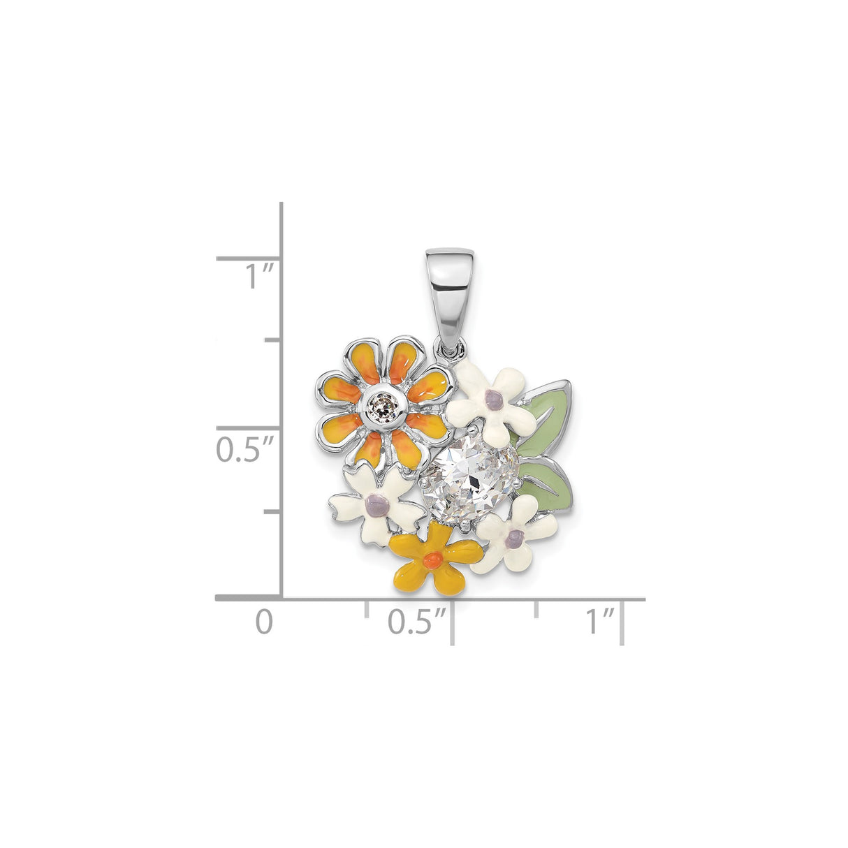 Sterling Silver Pendant with Cubic Zirconia and Colorful Enamel Daisies, Floral Garden Theme