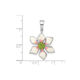 Sterling Silver Flower Pendant with Pink Enamel Petals and Green Crystal Center