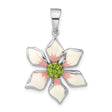 Sterling Silver Flower Pendant with Pink Enamel Petals and Green Crystal Center