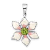 Sterling Silver Flower Pendant with Pink Enamel Petals and Green Crystal Center