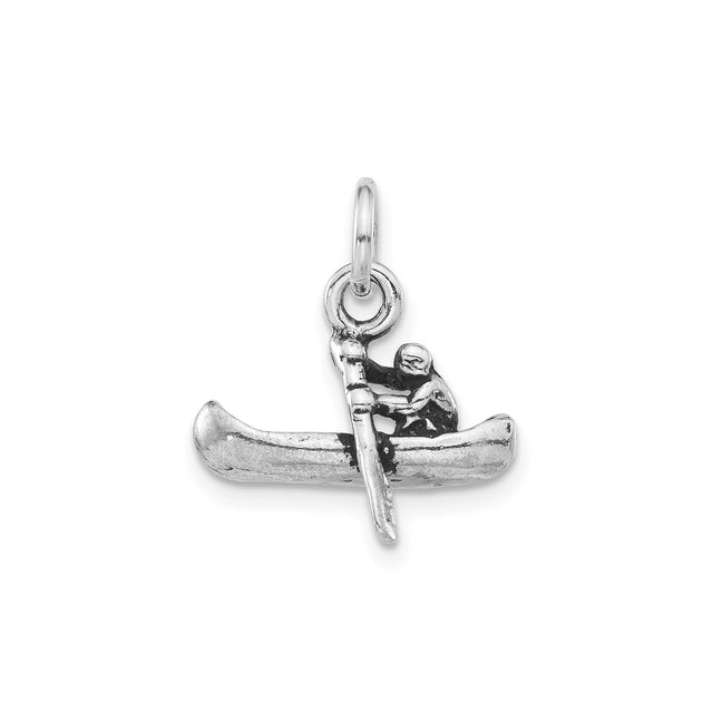 Sterling Silver Canoe Pendant with Paddler in Motion, Adventure Charm for Outdoor Enthusiasts