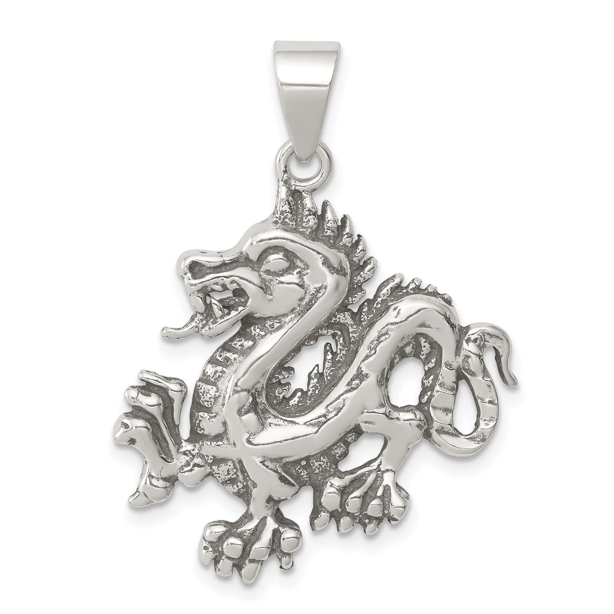 Sterling Silver Dragon Pendant with Detailed Asian Style Design for Men or Unisex