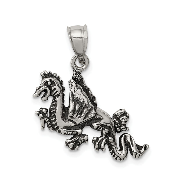 Sterling Silver Winged Dragon Pendant with Gothic Medieval Fantasy Design
