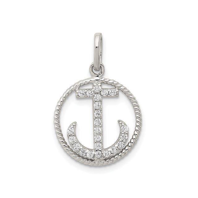 Sterling Silver Anchor Pendant with Cubic Zirconia, Rope Edge Circle, Nautical Faith Design