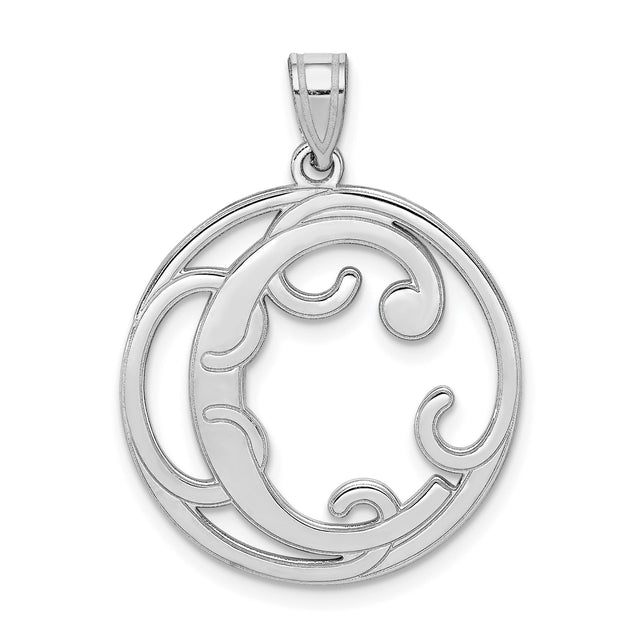 Sterling Silver Initial Pendant with Script Letter C, Round Openwork Monogram Design