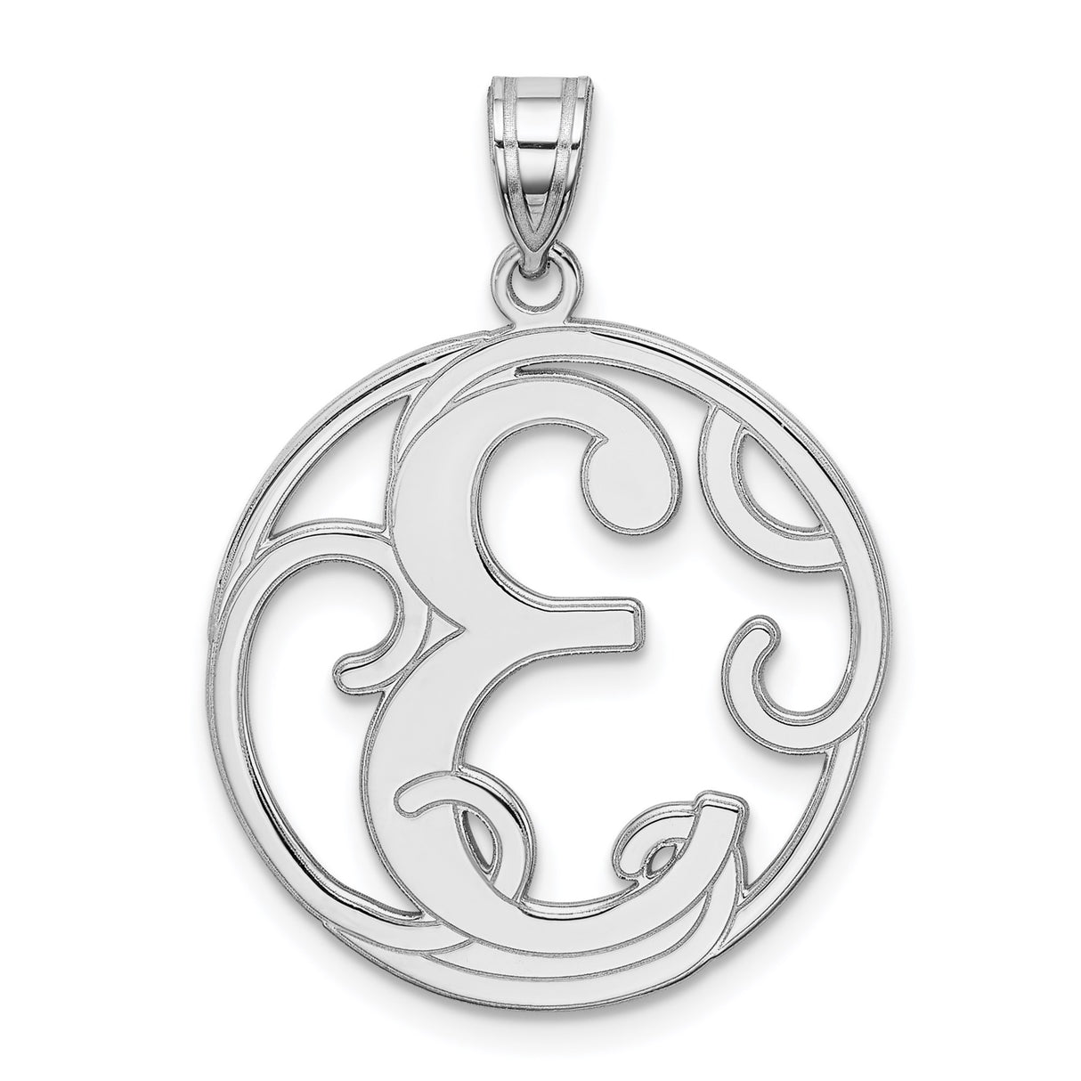Sterling Silver Initial Pendant, Ornate Letter E in Round Frame Charm