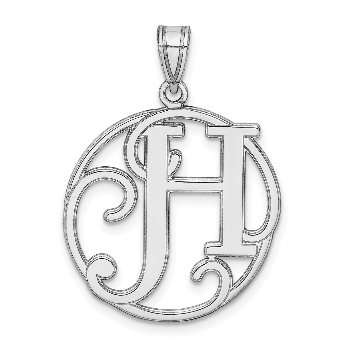Sterling Silver Initial Pendant with Cutout Letter H, Script Monogram Frame Charm