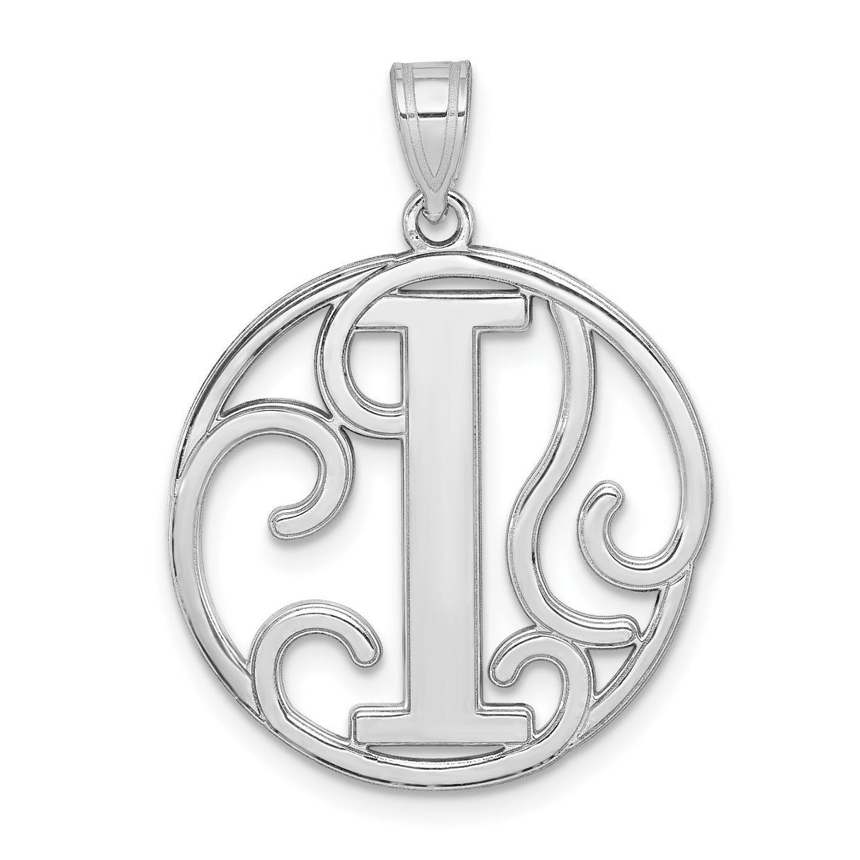 Sterling Silver Initial I Pendant with Round Filigree Design, Script Letter Charm for Women