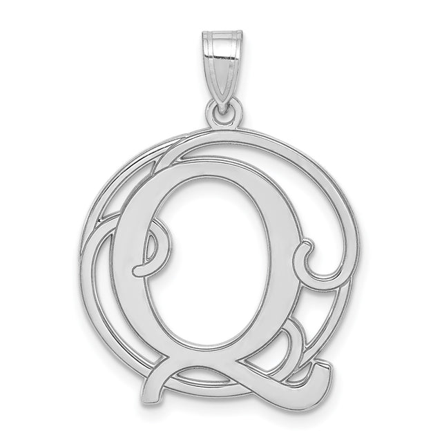 Sterling Silver Script Letter Q Pendant with Ornate Openwork Monogram Charm