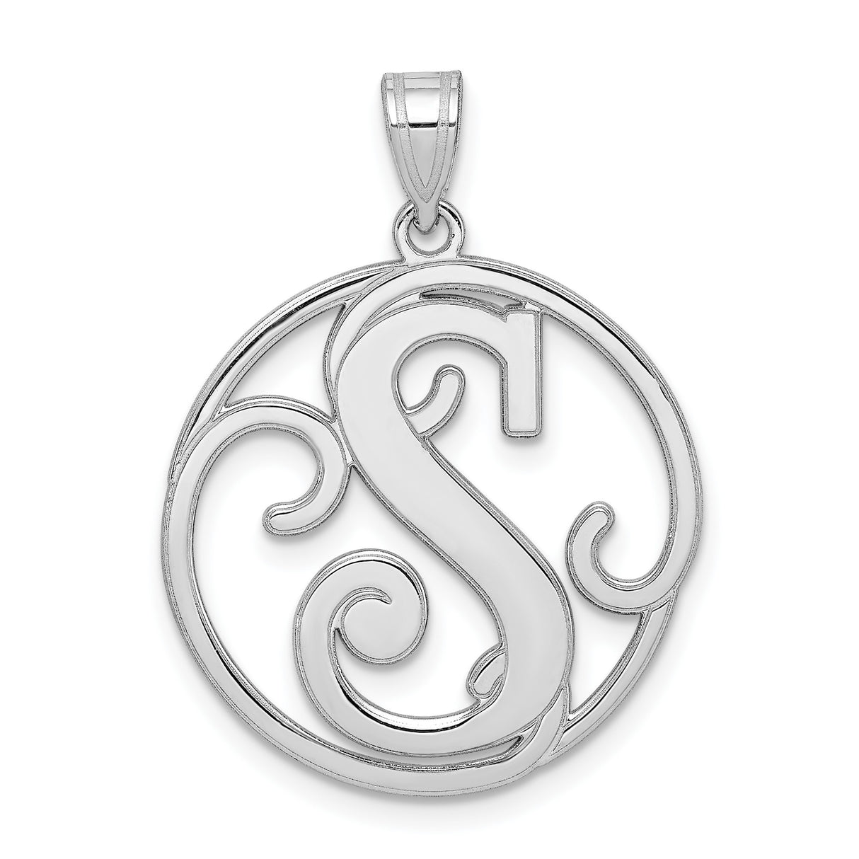Sterling Silver S Initial Pendant with Openwork Swirl Design in Round Frame