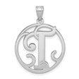 Sterling Silver Initial T Pendant with Round Frame, Script Letter Charm