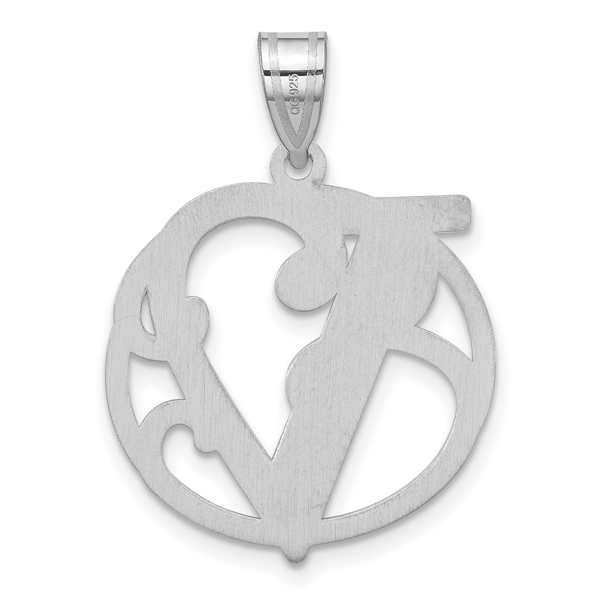 Sterling Silver Letter V Pendant, Script Initial Charm in Circle Frame