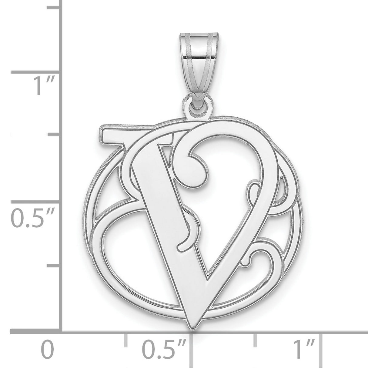 Sterling Silver Letter V Pendant, Script Initial Charm in Circle Frame