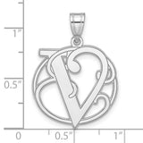 Sterling Silver Letter V Pendant, Script Initial Charm in Circle Frame