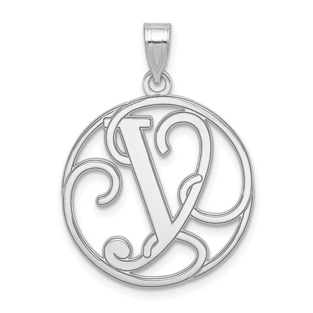 Sterling Silver V Initial Pendant, Script Letter Charm in Cutout Circle Design for Women