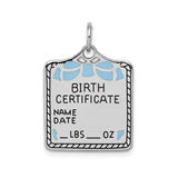 Sterling Silver Birth Certificate Pendant with Blue Enamel Accents, Custom Baby Keepsake Charm