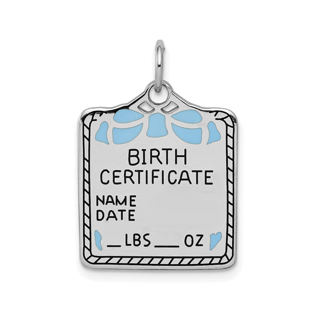 Sterling Silver Birth Certificate Pendant with Blue Enamel Accents, Custom Baby Keepsake Charm
