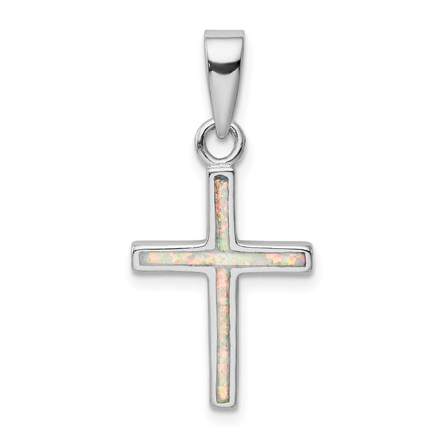 Sterling Silver Cross Pendant with Lab Created Opal Inlay, Minimalist Spiritual Design