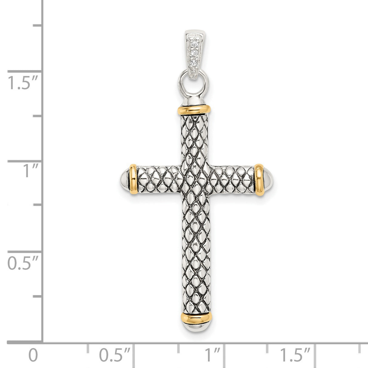 Gold Plated White Topaz Bail Antiqued Cross Charm Pendant in Real 925 Sterling Silver