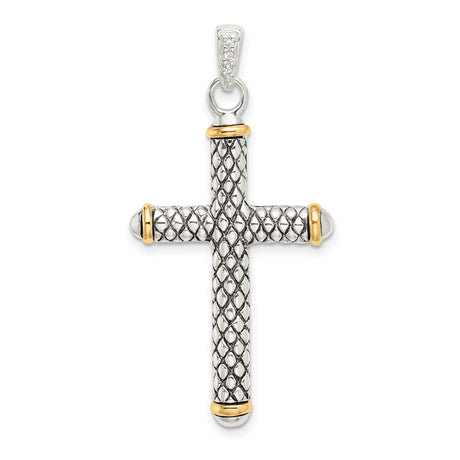 Gold Plated White Topaz Bail Antiqued Cross Charm Pendant in Real 925 Sterling Silver