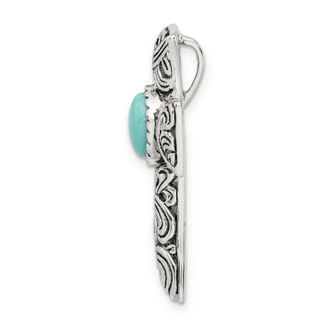 Antiqued Reconstituted Turquoise Cabochon Slide Charm Pendant in Real 925 Sterling Silver