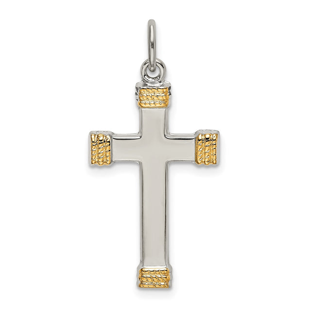 Sterling Silver Two-Tone Cross Pendant with Rope Texture, Religious Unisex Design