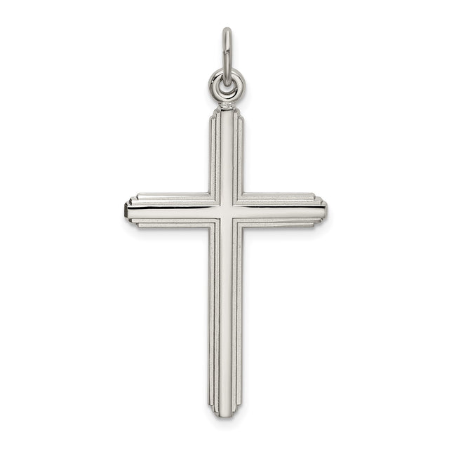 Sterling Silver Cross Pendant with Beveled Grooved Detail, Modern Minimalist Design for Men and Women