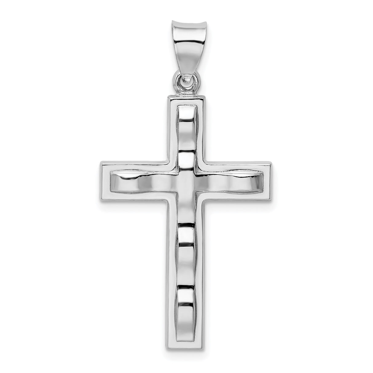 Sterling Silver Cross Pendant with Symmetrical Layered Design and Beveled Edge Charm