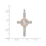 Sterling Silver Cross Pendant with Cubic Zirconia, Rope Texture and Halo Design