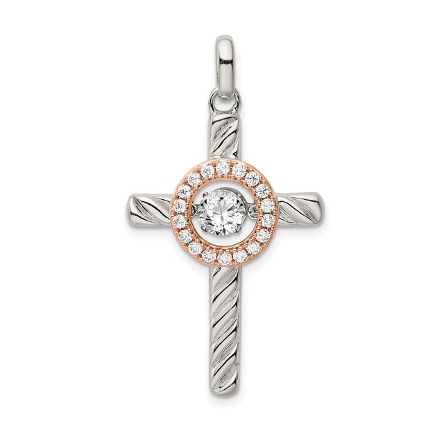 Sterling Silver Cross Pendant with Cubic Zirconia, Rope Texture and Halo Design