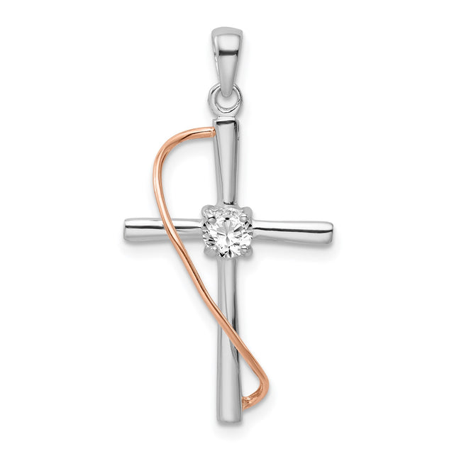 Sterling Silver Cross Pendant with Cubic Zirconia, Rose Gold Accents, Christian Jewelry for Men and Women