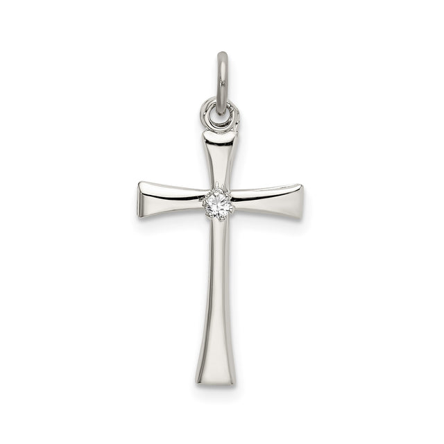 Sterling Silver Cross Pendant with Cubic Zirconia, Polished Minimalist Unisex Spiritual Jewelry