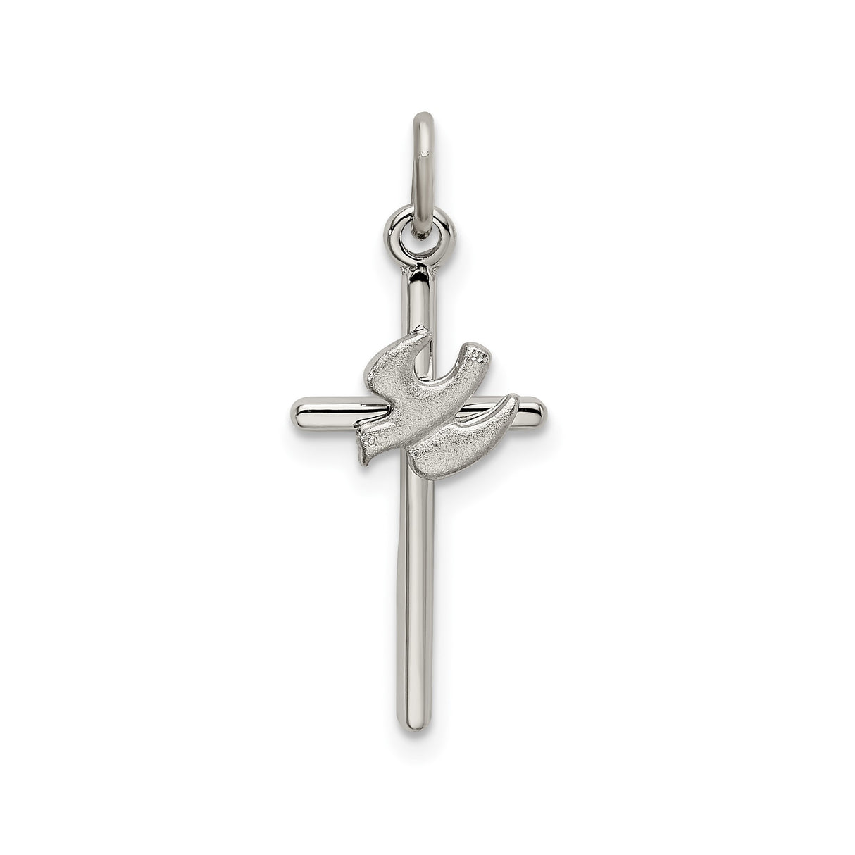 Sterling Silver Cross Pendant with Textured Dove, Satin Finish and Polished Details