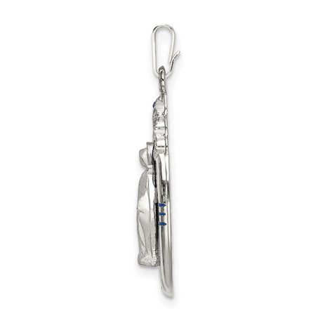 Sterling Silver Virgin Mary Pendant with Blue Enamel and Sapphire Accents, Oval Catholic Medal
