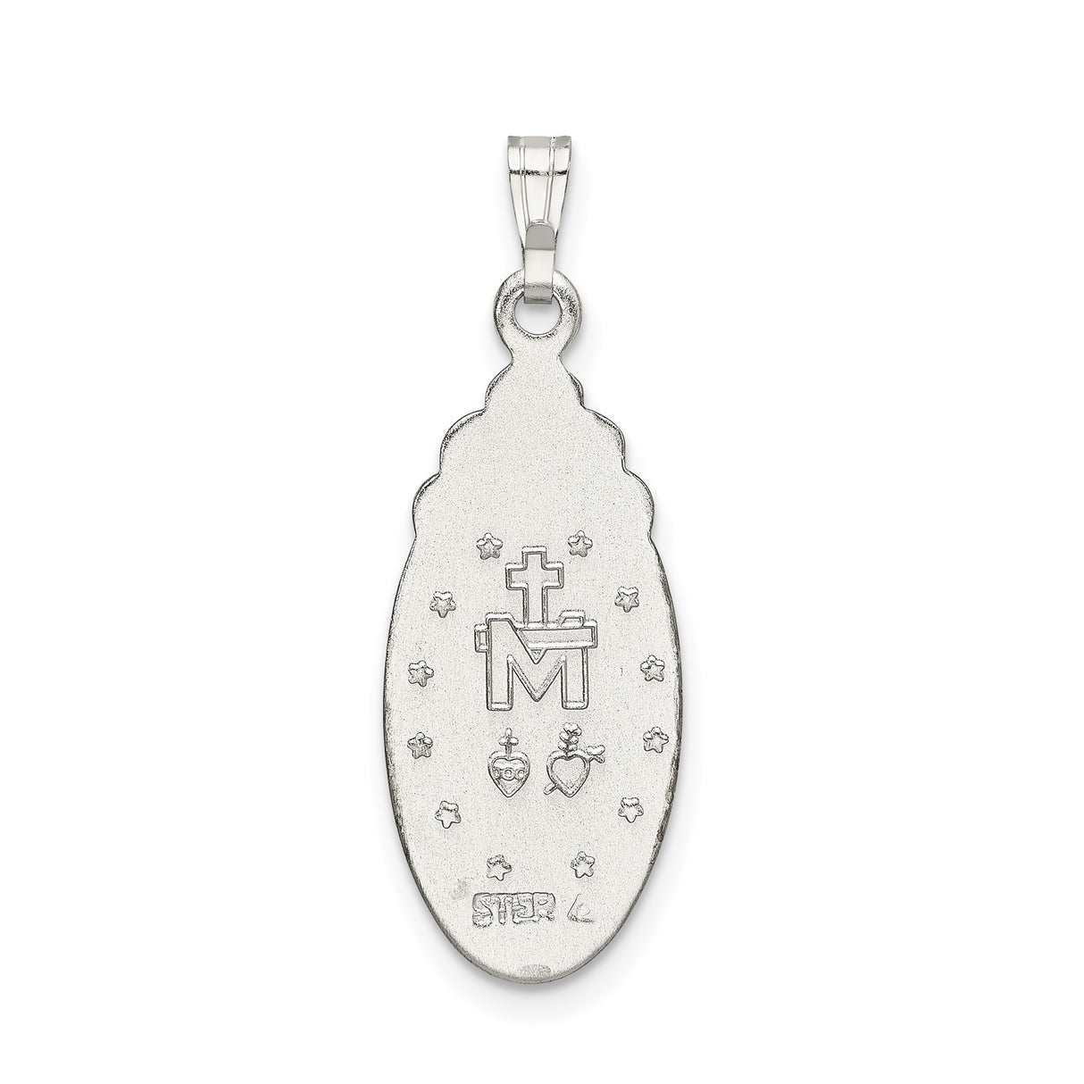 Sterling Silver Virgin Mary Pendant with Blue Enamel and Sapphire Accents, Oval Catholic Medal