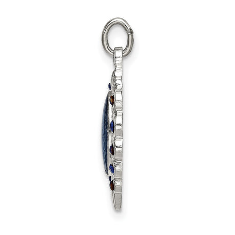 Sterling Silver Heart Virgin Mary Pendant with Blue Crystal Accents, Religious Medal for Women