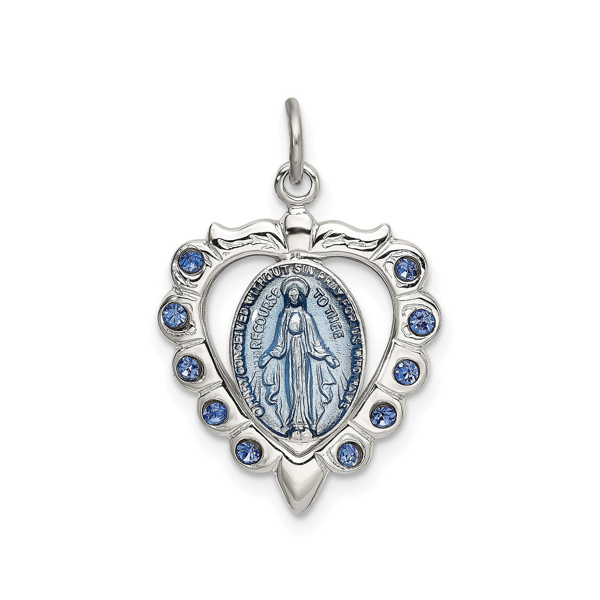 Sterling Silver Heart Virgin Mary Pendant with Blue Crystal Accents, Religious Medal for Women