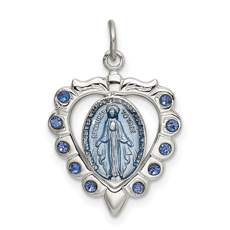 Sterling Silver Heart Virgin Mary Pendant with Blue Crystal Accents, Religious Medal for Women