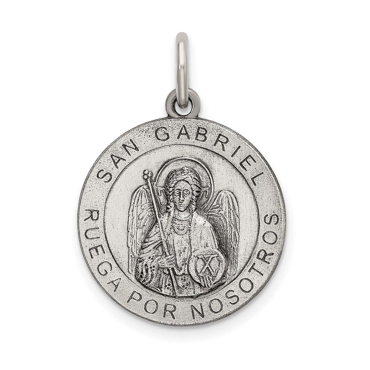 Sterling Silver St Gabriel Medal Pendant with Spanish San Gabriel Ruega Por Nosotros Inscription