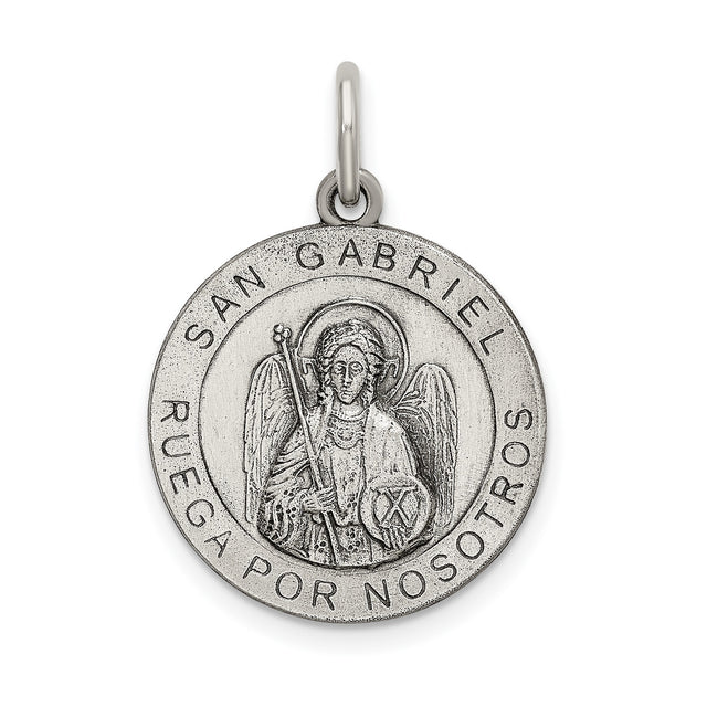 Sterling Silver St Gabriel Medal Pendant with Spanish San Gabriel Ruega Por Nosotros Inscription