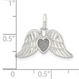 Polished Enamel Glitter Fabric Heart Wings Charm Pendant in Real 925 Sterling Silver