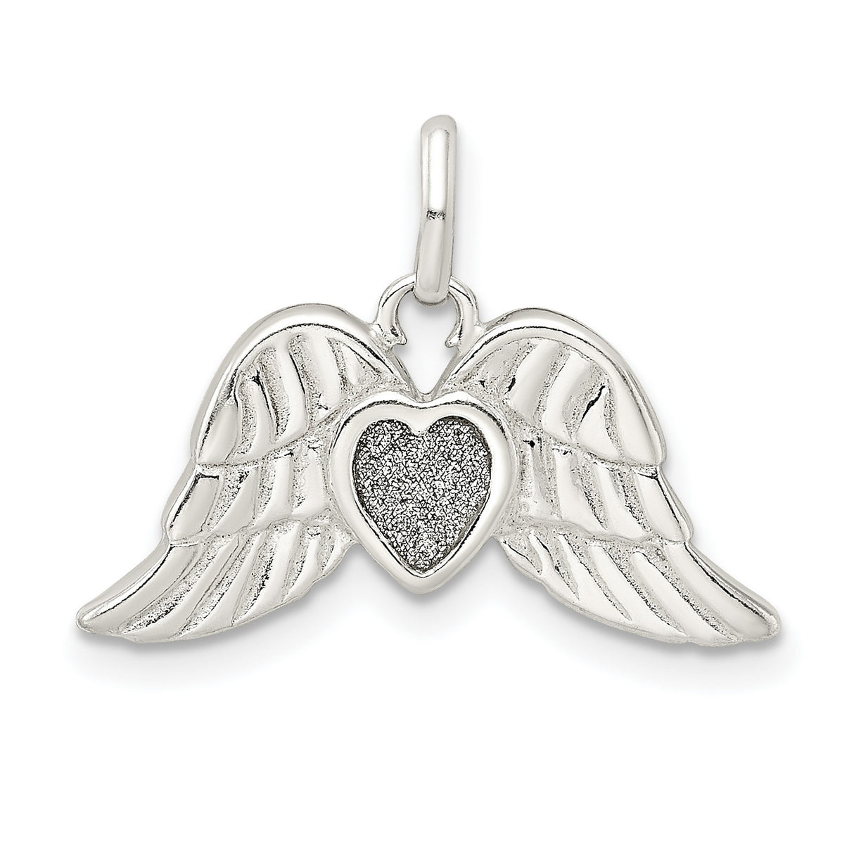 Polished Enamel Glitter Fabric Heart Wings Charm Pendant in Real 925 Sterling Silver
