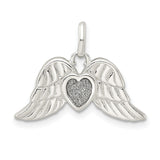 Polished Enamel Glitter Fabric Heart Wings Charm Pendant in Real 925 Sterling Silver
