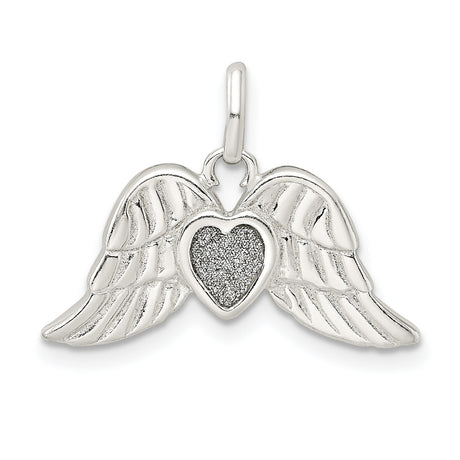 Polished Enamel Glitter Fabric Heart Wings Charm Pendant in Real 925 Sterling Silver