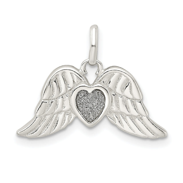 Polished Enamel Glitter Fabric Heart Wings Charm Pendant in Real 925 Sterling Silver