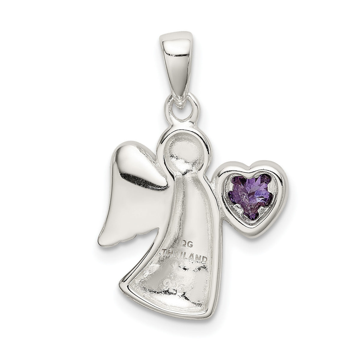 Angel Purple CZ Heart Charm Pendant in Real 925 Sterling Silver