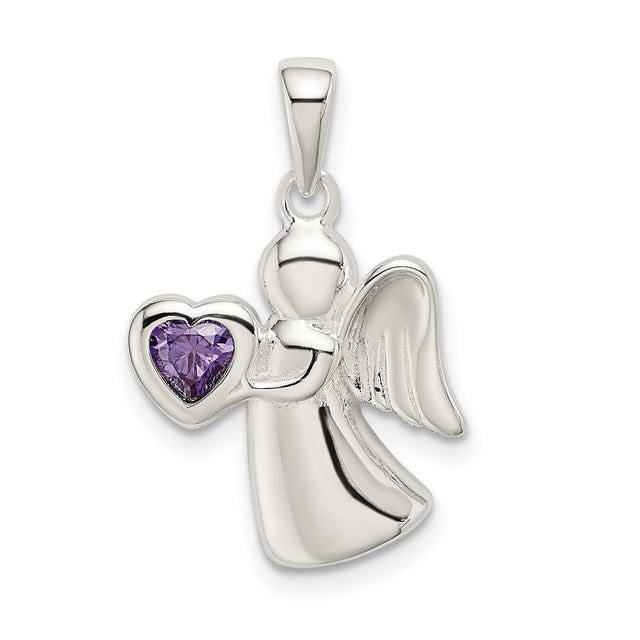 Angel Purple CZ Heart Charm Pendant in Real 925 Sterling Silver