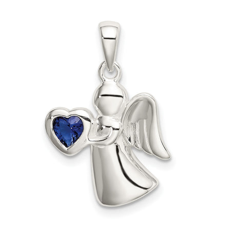 Angel Dark Blue CZ Heart Charm Pendant in Real 925 Sterling Silver